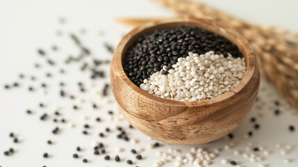 Bowl with different types of grains on white background, closeup