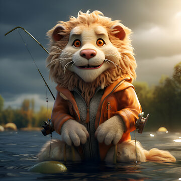 Funny cartoon lion in orange jacket with fishing rod on the river.