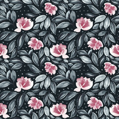 Watercolour floral in pink, silver grey and black. Seamless pattern.  - 793836036