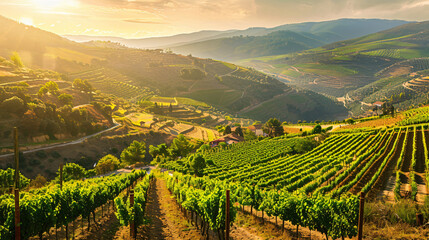 Countryside with vineyards in Douro river valley  - obrazy, fototapety, plakaty