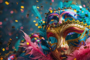 Colorful carnival mask with feathers and confetti on a dark background - obrazy, fototapety, plakaty