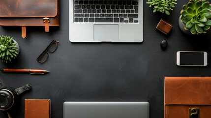 Black desk with laptop, leather bag, camera, glasses, pen, smartphone and plants. - Powered by Adobe