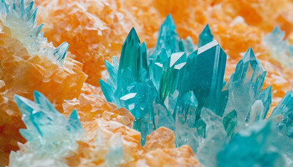 Cluster of emerald and orange crystals, abstract close-up background