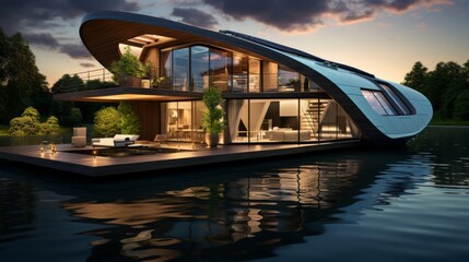 A house floats peacefully on a tranquil body of water