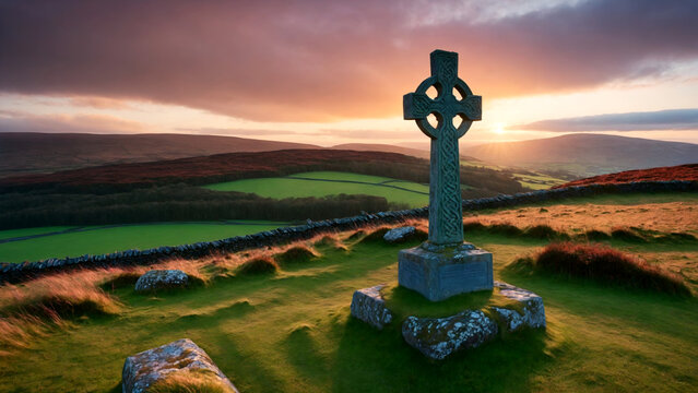 Ancient stone Celtic cross on top of a hill at sunset