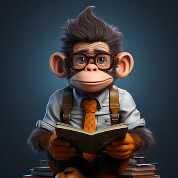 3D illustration of a monkey with glasses and a book in his hands