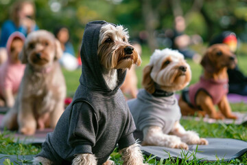 Group of cool cats in hoodie yoga class in urban park for summer relaxation and mindfulness retreat