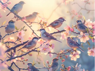birds, trees, flowers, blossoms , Flock of birds are singing happily on the branches of a tree with spring flower blossoms and sun light background