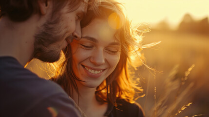 romantic love scene of couple of lovers together smiling