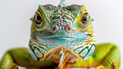 A close up portrait of a Green iguana (Iguana iguana) on a white background; Limon province, Costa Rica