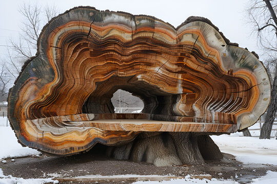 A cross-section of a tree that has been cut,
A building with a sculpture of a man made by wood
