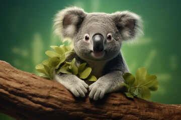 Fototapeta premium Koala is sitting on a tree branch isolated on green background. Koala on eucalyptus tree outdoor