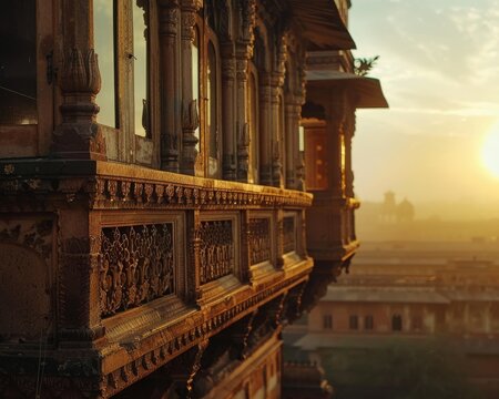 ornate sandstone balcony with intricate carvings at sunrise