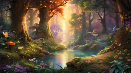 Capture the essence of a surreal fairy-tale forest in a traditional oil painting Envision a lush, green landscape filled with whimsical creatures and enchanting flora, Use a mix of vibrant colors and