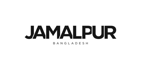 Jamalpur in the Bangladesh emblem. The design features a geometric style, vector illustration with bold typography in a modern font. The graphic slogan lettering.