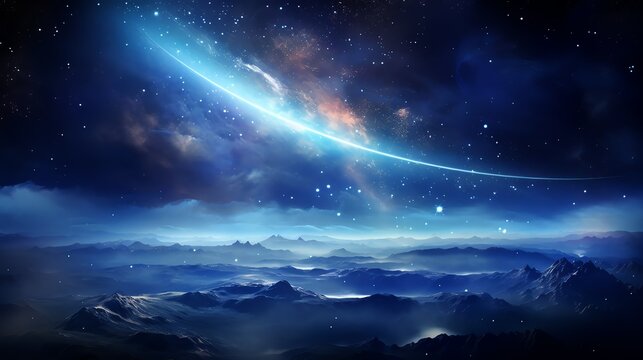 Capture the cosmic beauty of an aerial view with intricate details of swirling galaxies and distant stars, set against a vast expanse of space Utilize digital rendering techniques to bring this celest