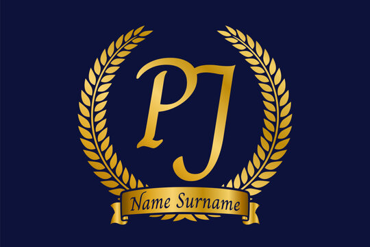 Initial letter P and J, PJ monogram logo design with laurel wreath. Luxury golden calligraphy font.