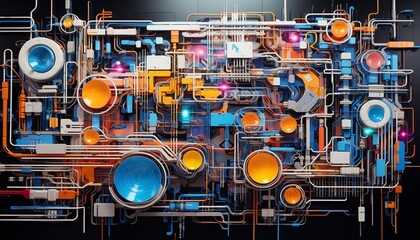 Design a detailed acrylic artwork portraying a side view scene of a hitech world infused with porcelain, bitcoin, plastic, and metal components Employ vibrant colors and precise lines to create a dyna