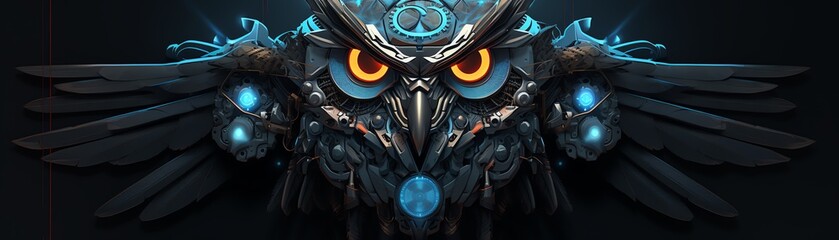 Illustrate a Cybernetic owl with pixel art, employing space and dimension intricately Imagine a magical, robotic entity at eye-level angle, combining traditional and digital mediums for a captivating