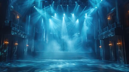 Online event entertainment concept. Background for online concert. Blue stage spotlights. Empty...