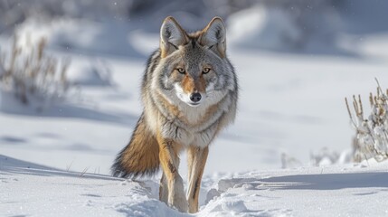 A lone coyote Canis latrans isolated on white background walking and hunting through the snow in Canada