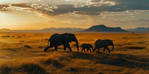 Fototapeta premium An elephant family journeying across the savanna, the fading sunlight casting long shadows, with distant mountains standing tall against the evening sky.