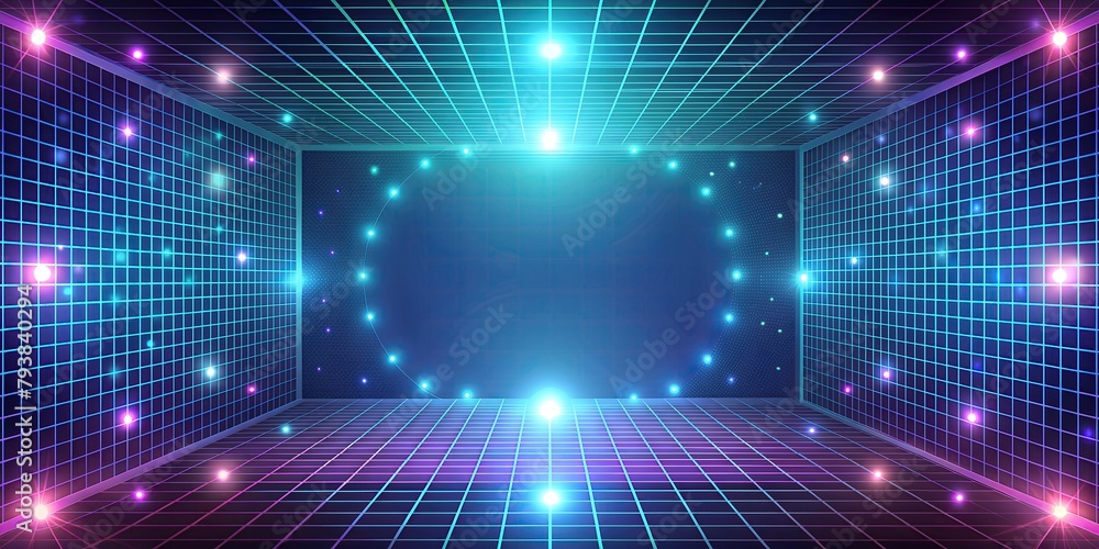Aufkleber neon grid 3d tunnel with blue and colorful lights, creating a tech vibe in a digital space. abstract