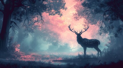 Silhouette of a deer stands in a mystical forest theme at dawn.