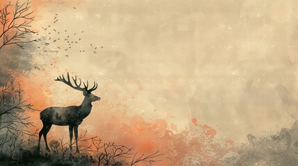 A watercolor painting of a deer standing in a forest in silhouette and the background is a wash of orange and yellow.