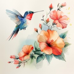 A watercolor painting of a hummingbird flying towards a hibiscus flower. - obrazy, fototapety, plakaty