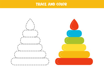 Trace and color cartoon colorful pyramid. Printable worksheet for children.