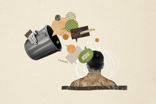 Creative collage picture sitting man back head bucket pour throw textboxes messages chatboxes replies communication gossips rumors