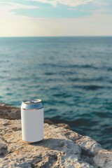 Obraz premium Blank Aluminum Can on Rocky Shore Overlooking Ocean