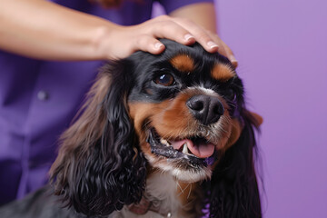 A professional dog groomer at work, grooming a happy spaniel, set against a care and service lavender background, emphasizing pet care professions