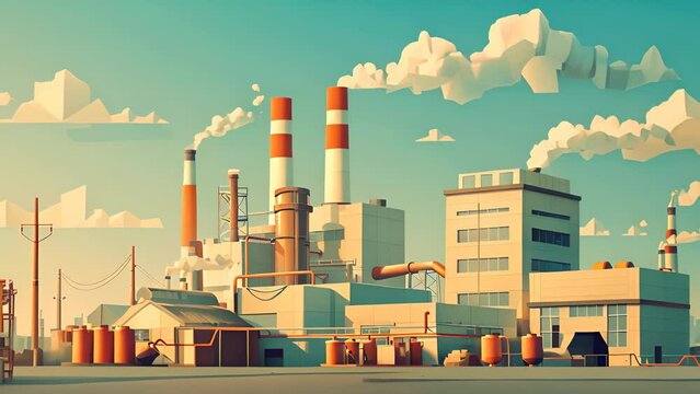 A cartoon drawing of a factory with smoke coming out of the chimneys. Scene is somewhat ominous and industrial