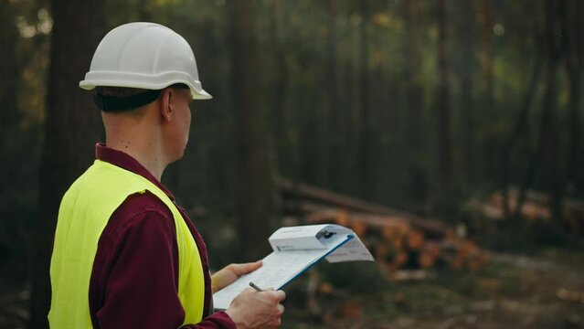 The leader of the logging team, protected in a safety helmet and vest, focuses on keeping a log of the work performed, recording data. Principle of sustainable use of forest resources