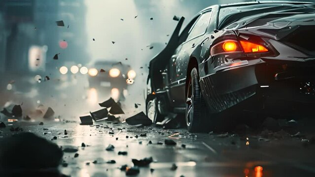 A car crash with a car that is smashed and has a lot of debris around it. The scene is dark and moody