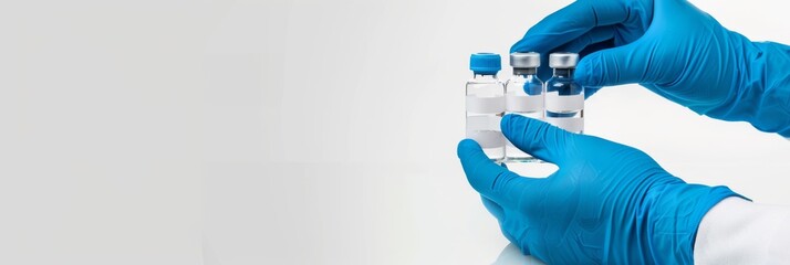 Healthcare Worker Handling Vaccine Vials. A healthcare professional in blue gloves meticulously handles clear vaccine vials. Banner with copy space