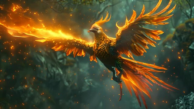 A bird with a fiery orange tail is flying through the air. The image has a dreamy, ethereal quality to it, with the bird's wingspan stretching out over a lush green forest