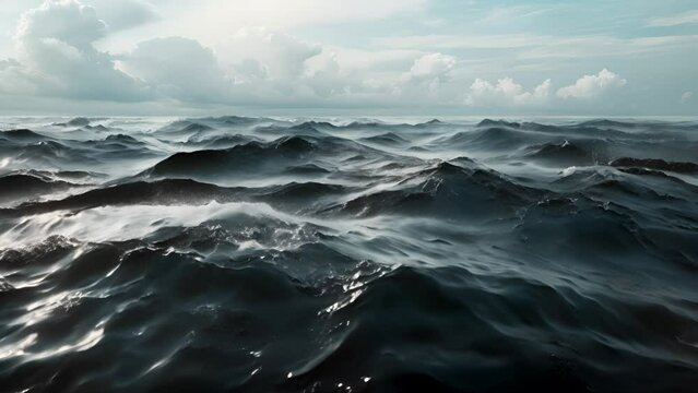 The ocean is calm and peaceful, with no signs of any activity. The water is a deep blue color, and the sky is cloudy