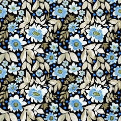 Watercolour floral in blue, ivory and navy. Seamless pattern.  - 793841880