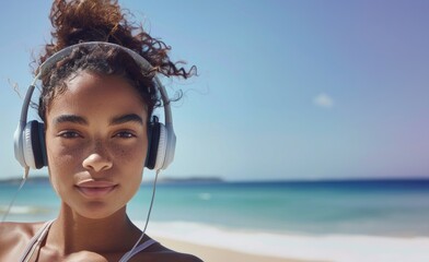 Image of pleased african american woman using cellphone and headphones
