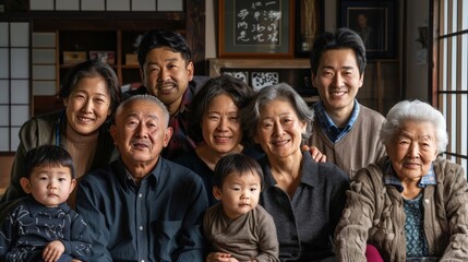 An intergenerational family portrait that celebrates the richness of heritage, with members from the elderly to infants, each face telling a story of tradition and change.