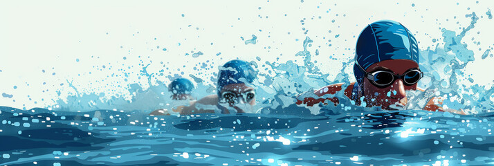 Swimming sport illustration. Male swimmers and splash  water, banner with copy space for swimming competition