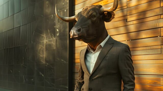 A man in a suit is wearing a bull mask. The image has a humorous and playful mood