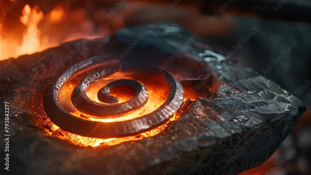 Poster a metal object is glowing red hot. it is surrounded by a black rock. the object is shaped like a spi