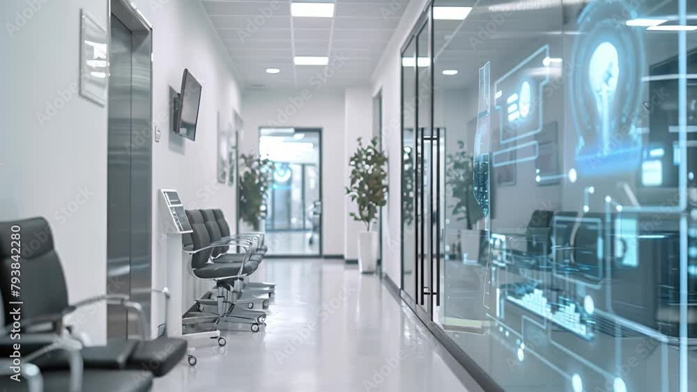 Poster a hospital hallway with a computer screen on the wall. the computer screen is displaying a blue ligh