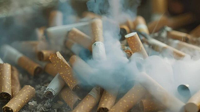 A pile of cigarette butts with smoke coming out of them. Concept of the harmful effects of smoking and the waste it creates