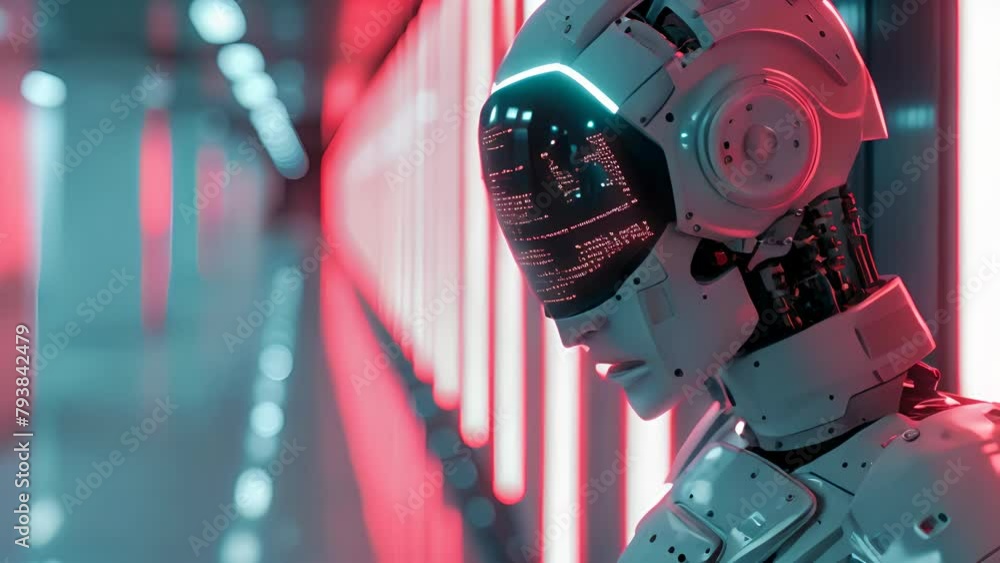 Poster a robot with a face and a head is standing in a room with red walls. the robot is wearing a white he