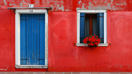 Fototapeta na wymiar Door and window with flower on the red facade